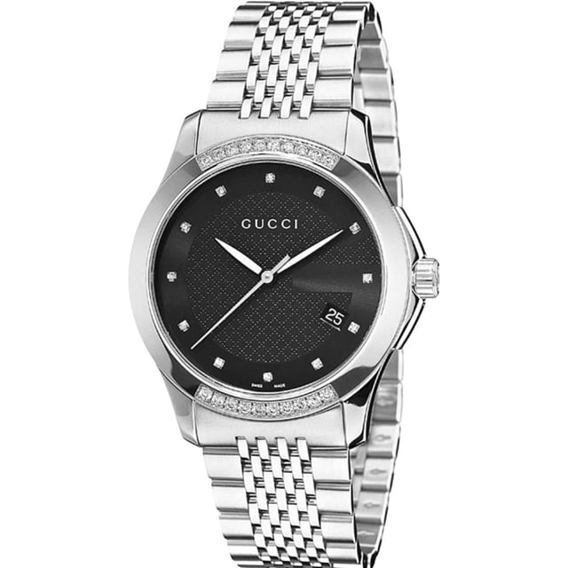 Model: YA126408EAN: 731903316454Movement: QuartzBracelet color: Silver-toneWaterproofing: 30 meters / 100 feetDial color: BlackBracelet material: Stainless SteelDate: Yes, at the 4 o'clock positionDial diameter: 38 mmDial thickness: 8 mmGender: UnisexDisplay: AnalogStyle: FashionCollection: Gucci G-TimelessGlass type: Crystal Set