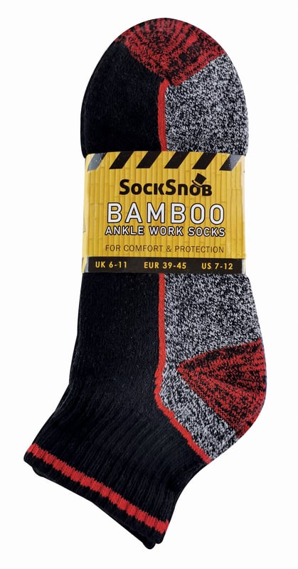 Short Bamboo Work Socks: If you need a pair of work socks that offer maximum breathability during hot weather for the summer months then consider our quarter bamboo work socks. With all the features of our original bamboo work socks including a cushioned foot, reinforced heel and toe and high bamboo viscose content. These ankle work socks made with bamboo are perfect for increasing breathability. The shorter length gives the expoure that your legs need during the hot weather, the high bamboo content allows for the socks to wick moisture away from your feet and legs efficiently. Bamboo as a fibre is know for its anti odour properties, great for keeping your feet sweat free whilt providing a super soft comfortable sock for its wearer. This doesn't make the sock less durable either, the thick cushioning throughout the sock and the reinforced heel & toe ensures this. There are 3 sizes to choose between in these quarter bamboo work socks with three colour options in the pack.They are avaliable in 3, 6 and 12 pair bundles and they are machine washable.