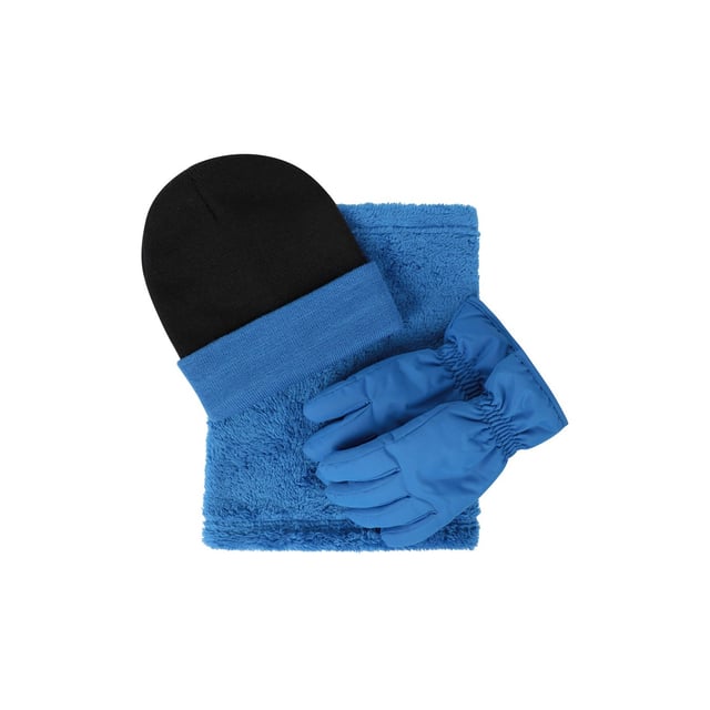 100% Polyester. Fabric: Fleece, Knitted, Soft Touch. Cuff: Adjustable Wrist Strap. Contents: 1 Beanie, 1 Neck Gaiter, Gloves. Reversible. Water Resistant.