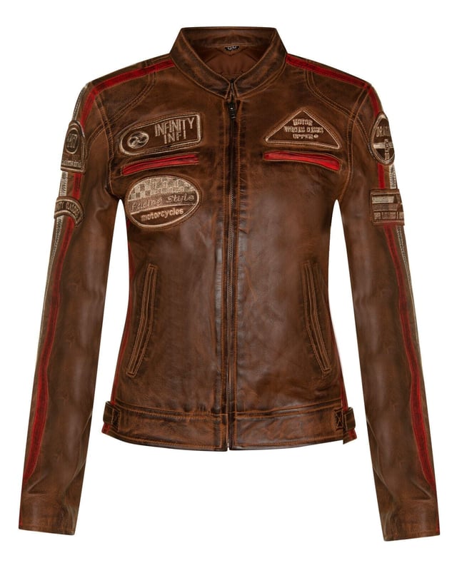 Finished in our premium nappa leather and detailed with our embroidered vintage badges, racing enthusiasts look no further. The classic biker style is leveled up with the addition of twin contrasting racing stripes on the sleeves and a thoughtful placement of racing badges to make this iconic piece. The jacket still stays true to its biker roots with a classic short tab collar and two zip pockets positioned at the breast for a traditional look. For additional storage find two hand pockets at the waist to ensure this jacket is as practical as it is stylish. â€¢ 100% premium ultra-soft nappa leather. â€¢ Four exterior pockets â€¢ Racing style stripes on each of the jacket sleeves â€¢ Full length YKK zip on the front â€¢ Embroidered racing style badges featured across the jacket front and sleeves