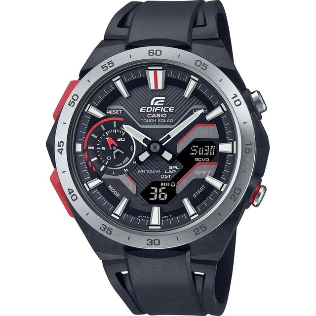 This Casio Edifice Analogue-Digital Watch for Men is the perfect timepiece to wear or to gift. It's Black 44 mm Round case combined with the comfortable Black Plastic watch band will ensure you enjoy this stunning timepiece without any compromise. Operated by a high quality Quartz movement and water resistant to 10 bars, your watch will keep ticking. This sporty and trendy watch is a perfect gift for New Year, birthday,valentine's day and so on. This Analogue-Digital watch has a Calendar function: Day-Date , Bluetooth , Solar Powered , Stop Watch , Worldtime and Countdown High quality 21 cm length and 24 mm width Black Plastic strap with a Buckle Case diameter: 44 mm,Case thickness: 12 mm, Case colour: Black and Dial colour: Black