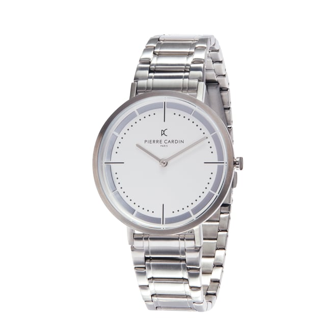 This Pierre Cardin Belleville Park Analogue Watch for Men is the perfect timepiece to wear or to gift. It's Silver 41 mm Round case combined with the comfortable Silver Stainless steel watch band will ensure you enjoy this stunning timepiece without any compromise. Operated by a high quality Quartz movement and water resistant to 3 bars, your watch will keep ticking. This fashionable and classic watch matches any outfit at any occasion,it adds style to your life High quality 21 cm length and  18 mm width Silver Stainless steel strap with a Fold over with push button clasp Case diameter: 41 mm,case thickness: 5.8 mm, case colour: Silver and dial colour: White