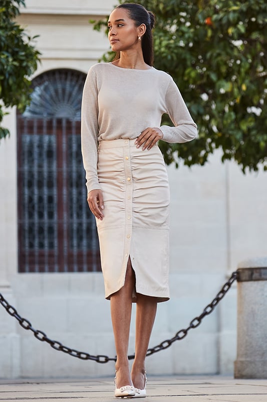 REASONS TO BUY:

The skirt your tops deserve
Made from the softest, butteriest leather
Chic column style
Figure-enhancing ruched detail
Sits high on the waist for a flattering fit
Effortlessly chic with a fine knit and knee-highs