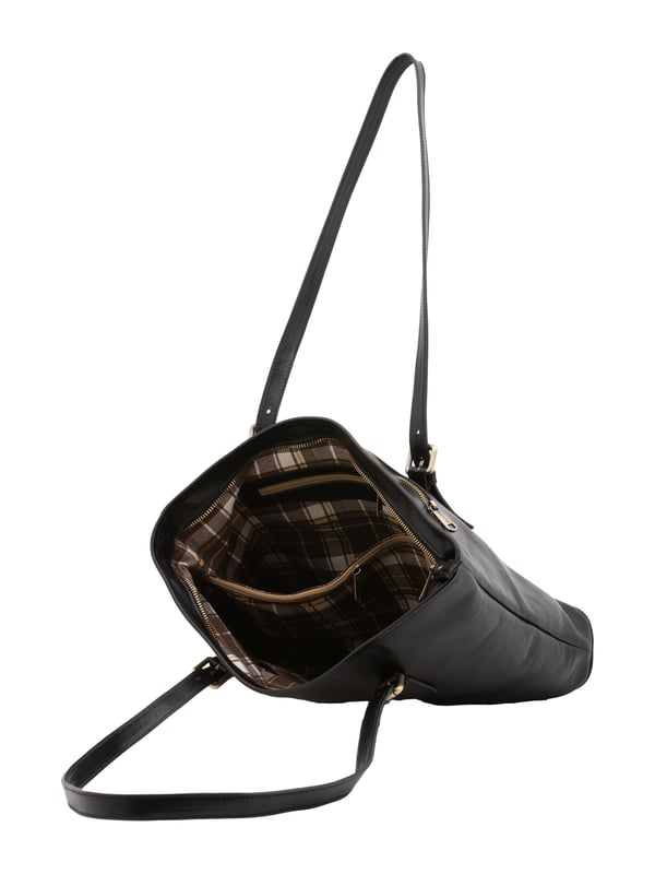 Bolso bandolera para mujer. El cierre es con cremallera. Los bolsillos internos son dos con cremallera y dos abiertos. Los bolsillos externos son uno en la espalda con cremallera. Falta la correa para el hombro. El mango es de piel. Hay dos compartimentos internos. El material exterior es auténtica piel de vacuno. Internamente está forrado en algodón. Medidas: 31x41x10 cm. Hecho en Italia