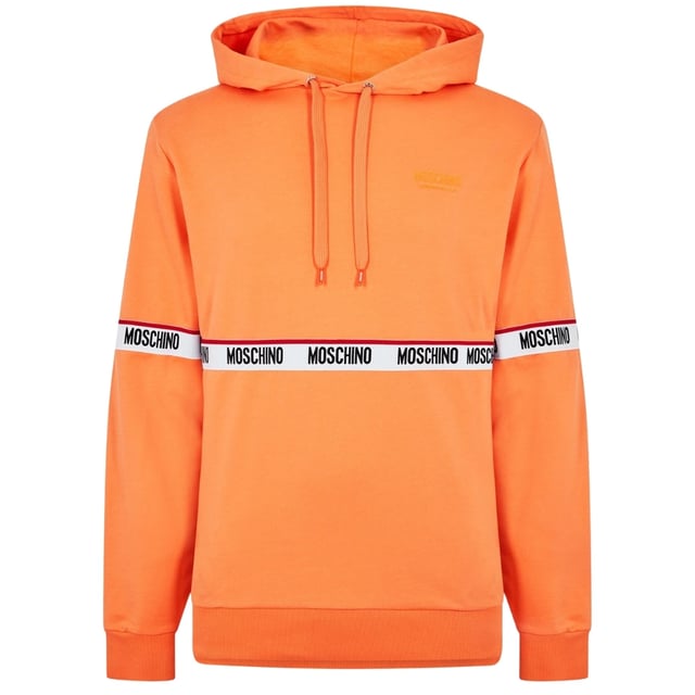Moschino Orange Hoodie, Elasticated Sleeve Ends and Waist, Drawstring Hood, Moschino Tape Branding Around Lower Chest And Around Arms, 95% Cotton, 5% Elastane, Branding On Left Chest, Moschino Collection, Taped Branding, Monotone Logo On Chest