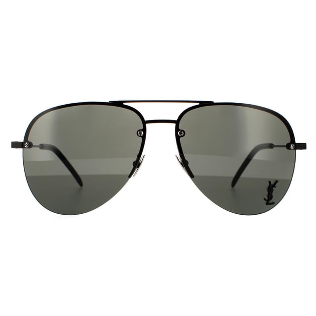 Saint Laurent Aviator Unisex Black Grey Sunglasses SL CLASSIC 11 M are a classic rimless aviator design with super slim metal temples, adjustable nose pads and plastic temple tips for a comfortable finish. One lens is embellished with the YSL logo for authenticity.