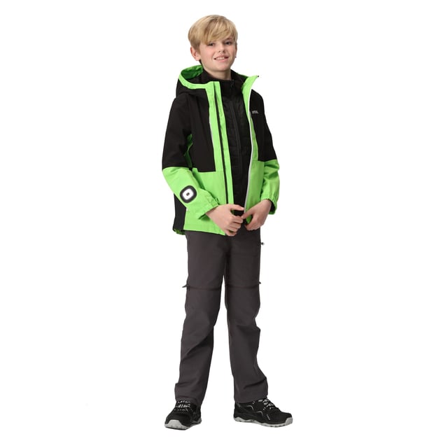 Material: 90% Polyester, 10% Elastane. Lining: Mesh. Fabric: Stretch. Design: Colour Block, Logo, Sleeve Patches. Fabric Technology: Breathable, Ergonomic, Flexible, Insulating, Isotex 15000, Quick Dry, Thermo-Guard, Waterproof, Windproof. 3 Brightness Modes, 3 in 1, 360 Degree Reflection, Brite Lite Sleeve Torch, Built-In Battery, Padded, Rechargable Battery, Stretch Panels. Neckline: Hooded. Cuff: Hook And Loop Strap. Sleeve-Type: Long-Sleeved. Hood Features: Elasticated, Grown On Hood. Pockets: 1 Chest Pocket, 2 Lower Pockets, Zip. Fastening: Full Zip. 10000g/m¬≤/24hrs. Hem: Shockcord Hem. Please Note: Printed Name Label up to Age 8.