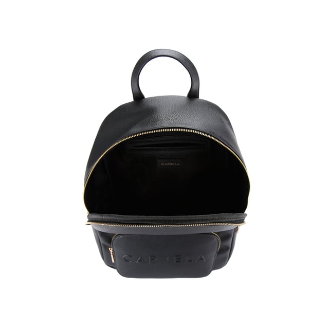 This Carvela Frame Backpack features a textured black exterior. There is a front zipped pocket with embossed branding. Dimensions: 36cm (H), 28cm (L), 12cm (D). Strap length: 102cm.