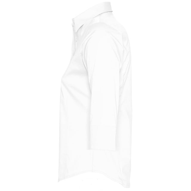 Stretch fabric. Stiffened collar. Self colour buttons. Slitted cuffs. Front and back darts. Curved hem. Fabric weight: 140 gsm. Material: 97% cotton/3% elastane. Ladies size: XS(6/8), S(8/10), M(10/12), L(12/14), XL(14/16), XXL(16/18).