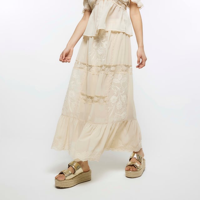 River Island Womens Maxi Skirt Cream Lace Embroidered Tiered