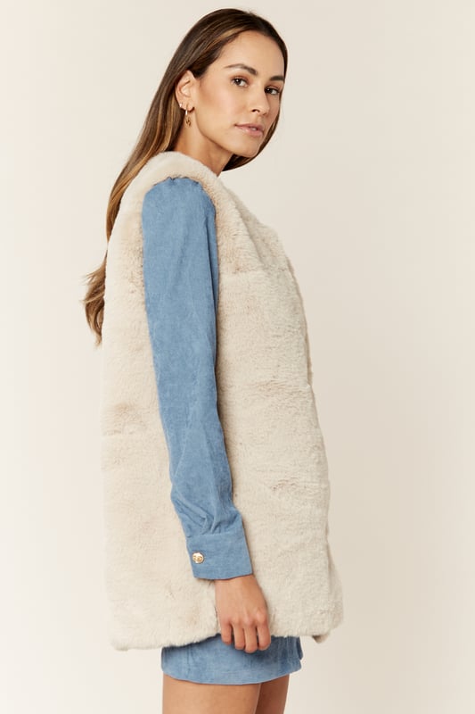 Machen Sie ein Statement in diesem Winter in diesem verträumten Pelz Gilet. Mit einem Kunstpelz-Material, einem ärmellosen Stil und Haken/Ösen-Stil Befestigung Stil dies mit Vinyl-Hosen und eine schmeichelhafte Body für einen Blick, der Date-Nacht bereit ist.