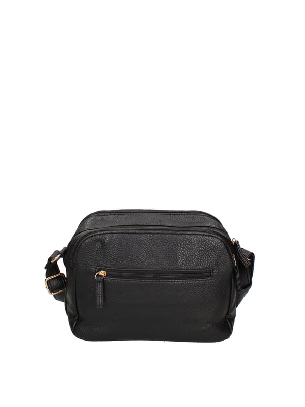 Bolso bandolera para mujer. El cierre es con cremallera. Los bolsillos internos son uno con cremallera y dos abiertos. Los bolsillos externos son uno en la espalda con cremallera. La bandolera es ajustable en piel. Falta el mango. Hay tres compartimentos internos. El material exterior es ecopiel. Internamente está forrado en poliéster. Medidas: 26x19x11 cm. Producto de moda