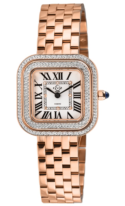 GV2 Bellagio Women's Swiss Made Diamond Silver-White Dial, IPRG Bracelet Watch
GV2 Bellagio Diamond
Attempting to capture the brilliance of GV2's Bellagio collection is a task fit for the daring, yet we willingly embrace the role of the fool to describe this sensational Women's timepiece. The Bellagio Swiss Movement Diamond Watch transcends the realms of luxury; it stands as an exquisite and extraordinary masterpiece that effortlessly commands attention. While the name Bellagio may evoke images of majestic fountains, this timepiece goes beyond expectations, drawing inspiration from the "Pearl of Lake Como"—a charming Italian town known for its glamour and romance. The 30mm square case, adorned with a double diamond-cut ring bezel, creates layers of diamond indulgence that captivate the senses. The silver and white dial, embellished with 8 diamonds in a square formation, adds a third dimension of opulence, a sight to be admired and revered. Exuding grandeur, the Roman numeral hour markers embellish this feast for the eyes, complemented by GV2's impeccable Swiss Quartz movement. Whether embraced by authentic Italian leather strap with a tang buckle or a metaled bracelet with a deployment buckle, both options generously set the stage for Bellagio's push-pull crown adorned with a blue cabochon stone. In the realm of luxury, good things are often found in small packages, and Bellagio epitomizes this concept with the look of layers upon layers of diamonds. Is it over the top? Perhaps, but in the most delightful way. The Bellagio has us all raising our glasses to 'la dolce vita.'
