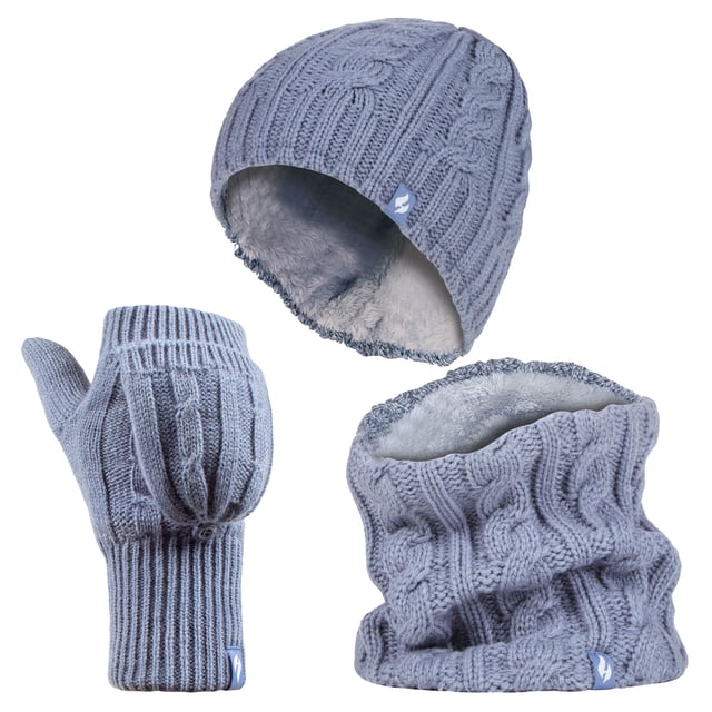 This ladies chunky cable set is knitted in an attractive, soft marl two-coloured twist yarn with a ribbed hem and incorporates the latest Heatweaver thermal lining, a luxurious, plush fur-like insulating fabric, that maximises the amount of warm air held close to the skin. It also feels so soft and silky, They are bliss to pull on when the weather turns colder! Protective Cuff - Improves fit and provides a protective sleeve that hugs the wrist for extra warmth and comfort. Heat Holders Converter Mitt - 2.3 tog Heat Holders' versatile converter mitt can simply fold over the fingers to create a warm and cosy mitten. Heat Holders Hat - 3.4 Tog rating - the tog rating is a measurement for the thermal ability of a garment Neck Warmer - Simply slip over the head with Heatweaver thermal lining, 3.5 tog