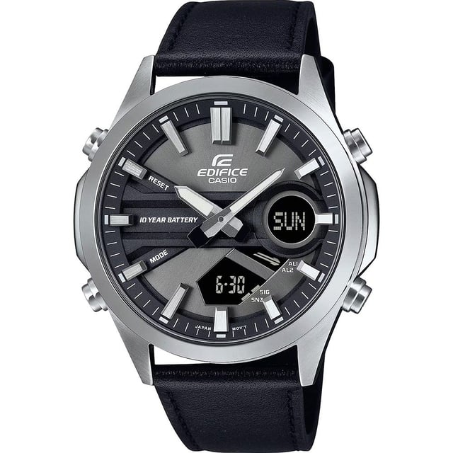 This Casio Edifice Analogue-Digital Watch for Men is the perfect timepiece to wear or to gift. It's Silver 45 mm Round case combined with the comfortable Black Leather watch band will ensure you enjoy this stunning timepiece without any compromise. Operated by a high quality Quartz movement and water resistant to 10 bars, your watch will keep ticking. Free yourself to focus on life. Get the EFV-C120 analogue-digital combination timepiece with a 10-year battery you won't have to worry about for ages. This Analogue-Digital watch has a calendar function: Day-Date , Stop Watch , Countdown , Alarm , Light and Luminous Hands High quality 21 cm length and 21 mm width Black Leather strap with a Buckle Case diameter: 45 mm,case thickness: 13 mm, case colour: Silver and dial colour: Black