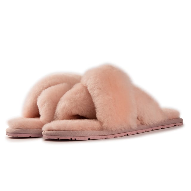 Soft premium genuine Australian Sheepskin wool upper 
 Easy to slide on footwear used in any weather 
 Full premium sheepskin insole 
 Cross over style strap giving a great fit 
 Soft Rubber outsole &ndash; highly durable and lightweight 
 Stylish, Fluffy and cosy all at the same time 
 100% brand new and high quality, comes in a branded box, suitable for gifting