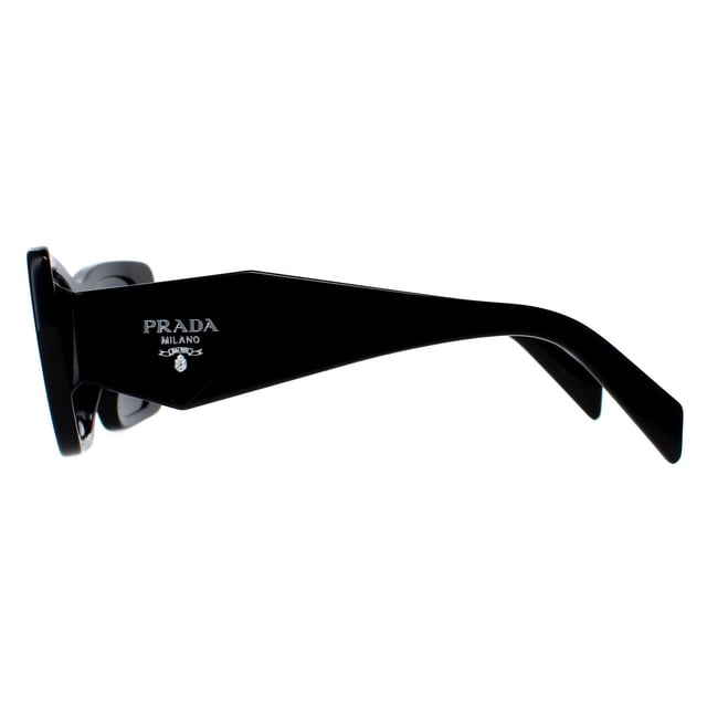 Prada Rectangle Womens Black Dark Grey PR08YS  Sunglasses are a sharp design made of high-quality acetate material that ensures durability and comfort. The temples are adorned with the iconic Prada logo, adding a touch of sophistication. These sunglasses are perfect for any occasion, whether it's a day out in the sun or a night out on the town.