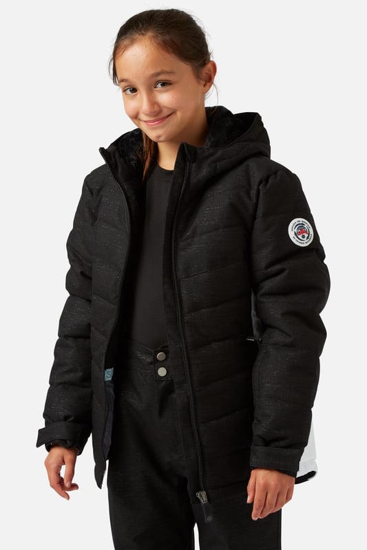 The Disco Girls ski jacket is a durable premium ski jacket, fully teched up for all conditions. Regular fit and length with baffled construction make this great all-rounder. Plenty of features to keep you happy and comfortable all day up the mountain or simply on the way to school.

    Fit: Regular Fit
    Shell Fabric: 100% Recycled Polyester Ripstop.
    Waterproof Rating: 10,000 mmor simply put the fabric will sustain 10 meters of water pressure onto the face of the shell.
    Breathability Rating: High Breathability - 10,000 g/m2This level of breathability will allow the heat generated from your body to escape without allowing condensation to build up and make you wet from the inside.
    Treatments: Hydrophobic Durable Waterproof Repellent finish (DWR) Is applied to the outer shell to make the jacket highly water and stain resistant. You will see water bead and roll off the outer shell to help stop the fabric becoming saturated and wetting out.
    Insulation: 100% recycled low loft polyester 80 grams in the body and 40 grams in the arms.

    Feature List
    Taped seams
    Internal zipped pocket with goggle wipe
    Fixed hood
    Wrist guard
    Super soft chin guard
    Lift pass stash pocket
    Chunky main zipper
    Powder skirt
    Dry butt patch
    Internal/External storm flaps
    Multiple zipped pockets
    Machine washable