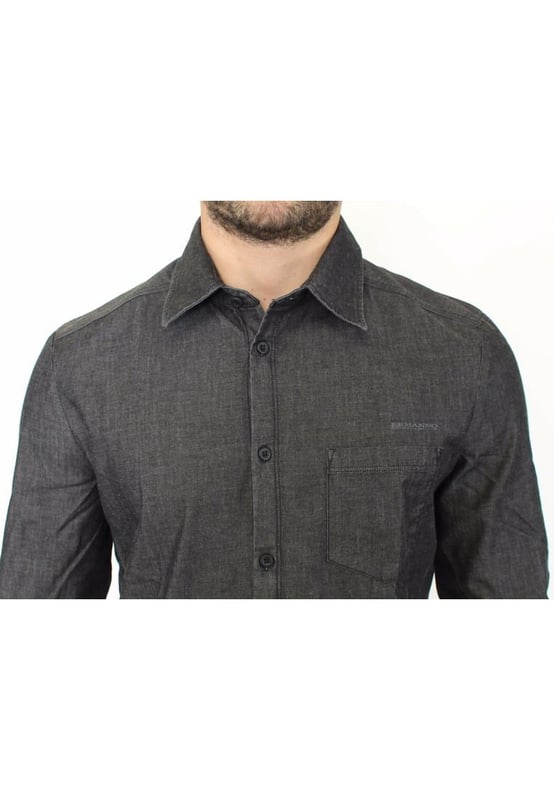 100% Authentic ERMANNO SCERVINO gray denim stretch casual shirt
  Button front style
  Made of 98% cotton and 2% elastane
  Gray color
  Logo detailing
  Perfect for a casual yet stylish look
Material: 98% Cotton 2% Elastane