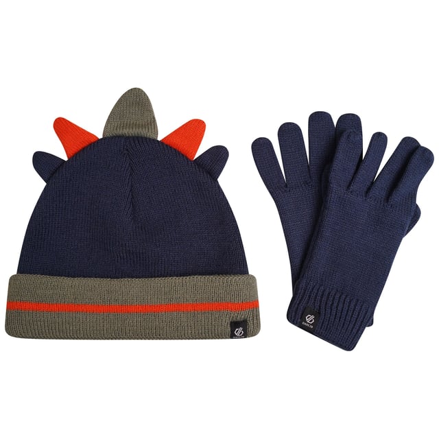 50% Recycled Polyester, 50% Acrylic. Fabric: Knitted. Cuff: Ribbed. Turned Up Cuff. Contents: 2 Gloves, 1 Beanie. Design: Contrast Detail, Dinosaur, Logo, Spiked.
