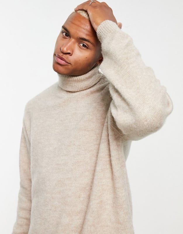 ASOS DESIGN fluffy knitted roll neck jumper in beige Neutral
