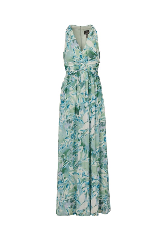 Pretty little details make this halter gown shine. This formal dress features a faux wrap bodice with halter neckline, shirred detailing at the waist surrounding a fabric-trimmed ring at the centre, and a flowing skirt with thigh-high slit. Fully lined, this dress is crafted from leaf-printed chiffon with shirred detailing through the skirt. A zipper closure at the centre back completes this evening gown. A pretty look for day or nighttime events, style this dress with nude heels and a sparkling clutch.