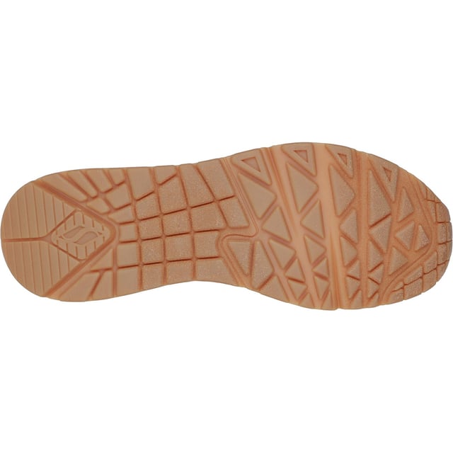 Slip-on a classic style in comfort wearing Skechers Street Uno - Shimmer Away. This fashion sneaker features a synthetic durabuck upper with a metallic trim, stretch laces, Skechers Air-Cooled Memory Foam insole and Skech-Air visible airbag midsole.