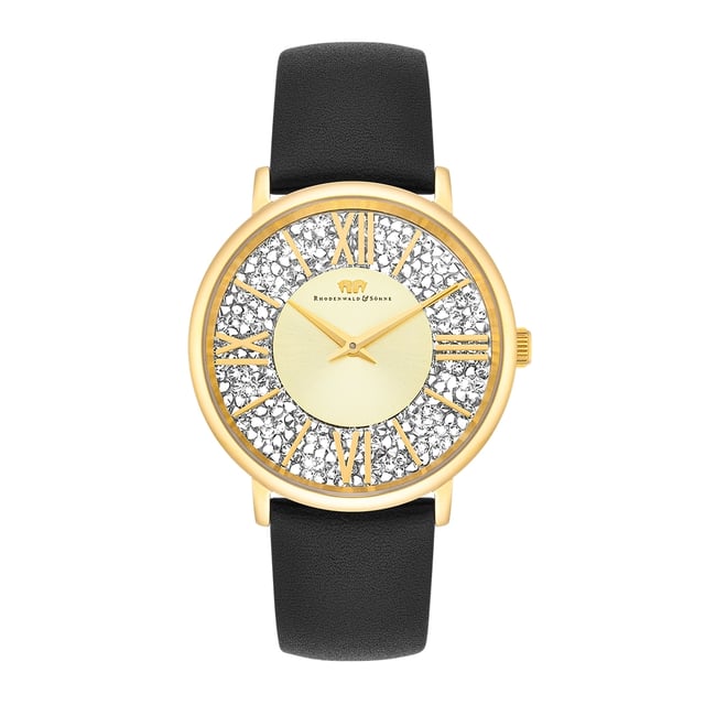 Trend meets tradition and glamor in perfect harmony with minimalism: This extraordinary women's watch of the Rhodenwald & Sons label combines the past and presence of clock design with style. The accessory skillfully stages the contrast between puristic strings, subtle arrow and an opulently structured dial, decorated with crystals. A scratch-resistant stainless steel case with IP finishing in yellow gold and screwed floor, a durable quartz plant and a soft real leather strap complete the luxurious equipment and make the clock a favorite piece.