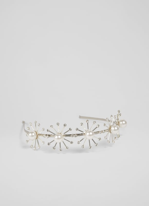 With something of a celestial feel, our Bethany headband is a brand new style in our Bridal Collection. Beautifully hand-crafted in Britain from silver-tone metal and graphic star bursts in pearl and small clear crystals, this statement bridal hair accessory is the perfect partner to your LKB wedding dress.