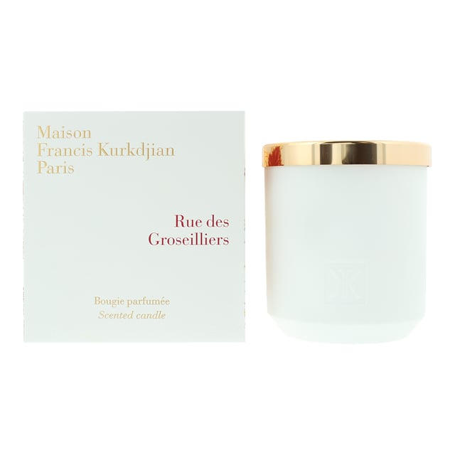 Maison Francis Kurkdjian Rue Des Groseilliers Candle captures the essence of childhood memories with a playful blend of red berries, blackcurrant, and strawberries. Its sweet and tangy aroma evokes carefree moments of picking fresh fruit on a sunny day, creating a warm and nostalgic atmosphere that fills your space with joy and comfort. Burn time approximately 55 hours.