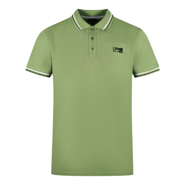 Cavalli Class Tipped Collar Blue Logo White Polo Shirt