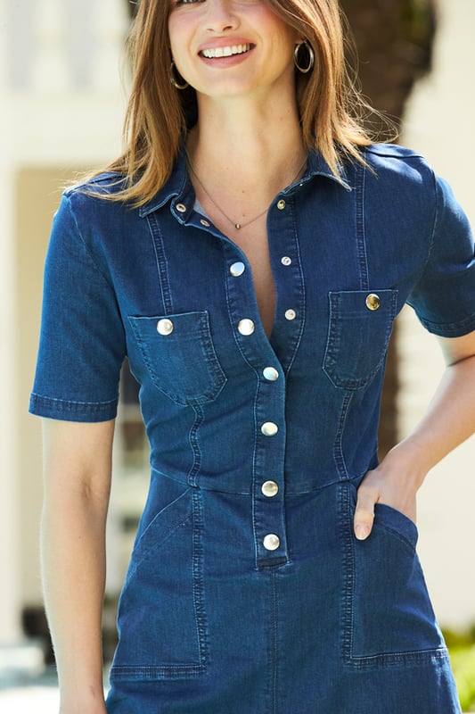 Indigo Blue Popper Front Short Sleeve Denim Dress Indigo Blue Popper Front Short Sleeve Denim Dress