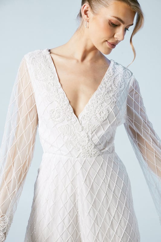 Tie Back Scallop Edge Embellished Bridal Playsuit