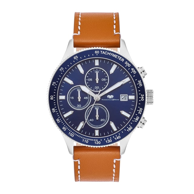 GENERAL INFORMATION:  • Targetgroup: Male  • Wristwatch: Chronograph  • Display: analogue  • Weight of watch w/o box (gr.) - approx.: 79,0  • model series: Karthago II  MOVEMENT:  • Movement: Quartz  • Term of Movement: VD57  • Origin of movement: Japan  BRACELET:  • Material of bracelet/strap: Genuine leather  • Plating of bracelet/strap: None  • Finishing of bracelet/strap: Smooth  • Finishing/Decoration of bracelet/strap: Contrast stitching  • Clasp/Closure/Buckle: Buckle  • Color of bracelet/strap: Brown  • Length of bracelet/strap (mm) approx.: 210,0  • Width of bracelet/strap (mm) approx.: 20,3  • Style/Design of bracelet/strap: No imprint  • Bracelet/strap adjustable?: No  CASE:  • Shape of case: Round  • Size/Diameter of case in mm . approx.: 43  • Height of case in mm: 12,0  • Case material: Stainless steel  • Surface of case: Polished  • Bezel/Topring: Turnable  • Finishing/Decoration of case: Grooved  • Material of case back: Stainless steel  • Lock of case back: Screwed  • Color of case: Silver  • Coating/Plating (Case): None  • Type/Form of crystal: Flat  • Material of crystal: Mineral crystal  • Water resistant (ATM): 10  DIAL:  • Size jewelry care cloth: Date/Hour/Minute/Second/Stopwatch  • Indices: Line indices  • Material of dial: Brass  • Structure/pattern of dial: Multi-layer  • Color of dial: Blue  PUSHER, CROWN, HAND:  • Pusher: No screwed-in crown  • Corrector: Yes  • Crown: No screwed-in crown  • Type of hands: Arrow hand  • Luminescent (hands): Yes  PACKAGING & SCOPE OF DELIVERY:  • Box: Yes  • Service booklet: Yes  • Manual: Yes