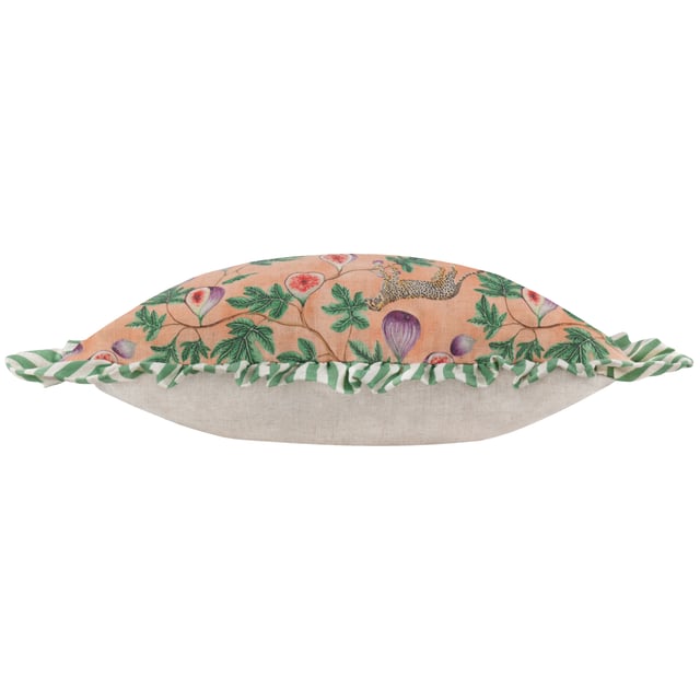The Okara Leopard And Fig Printed Cushion encapsulates the perfect blend of modern design and nature-inspired artistry. Its hand-painted design brings a vibrant interpretation of the jungle’s charm, with painterly foliage, figs, and leopards exuding character and intrigue. The bold, textured print is framed elegantly by a striped double ruffle trim, adding a sense of dynamic contrast and sophistication. Designed for those who cherish pattern and the natural world, this cushion offers a statement piece that elevates both relaxed and maximalist interiors, seamlessly infusing contemporary spaces with an exotic yet refined aesthetic.
