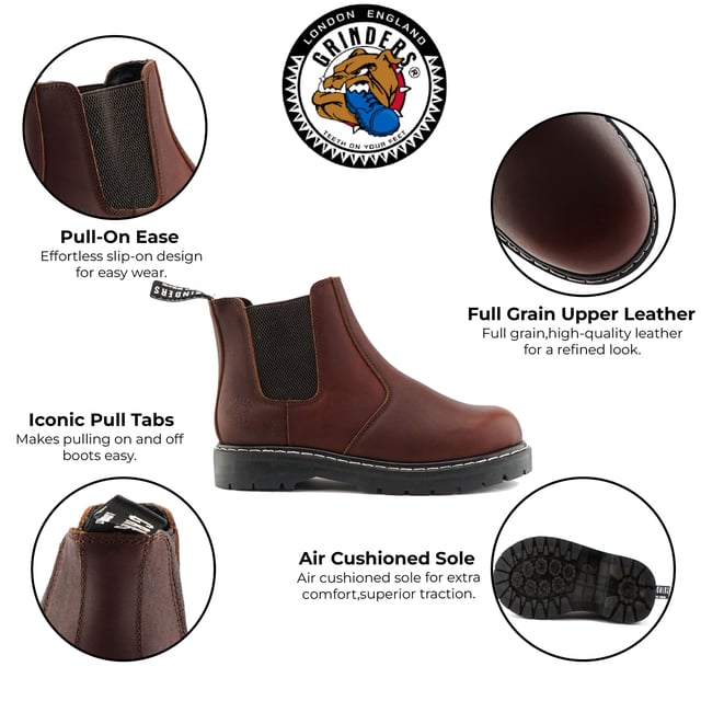 Las botas Grinders Chelsea ACS combinan un estilo clásico con comodidad y durabilidad modernas. Estas botas de concesionario cuentan con empeines de cuero Goodyear, lo que garantiza una construcción robusta y elegante. Las suelas con amortiguación de aire (ACS) de Grinders brindan una comodidad y un soporte excepcionales, lo que las hace ideales para usar durante todo el día. Fabricadas con cuero de grano completo, las botas prometen una apariencia premium y un rendimiento duradero. Su diseño elegante y sin cordones combina sin esfuerzo con atuendos formales e informales, lo que hace que las Chelsea ACS sean una adición versátil a cualquier guardarropa. Bota de concesionario, Goodyear Welted, Grinders' Air Cushioned Soles (ACS), Empeine de cuero, Cuero de grano completo