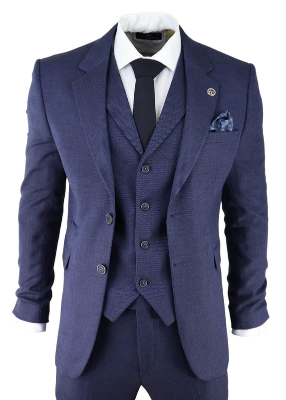Men's Navy Blue Slim Fit Tweed Herringbone Wool Blend Suit - 3 Piece Set (Jacket, Vest, Pants) - View #9