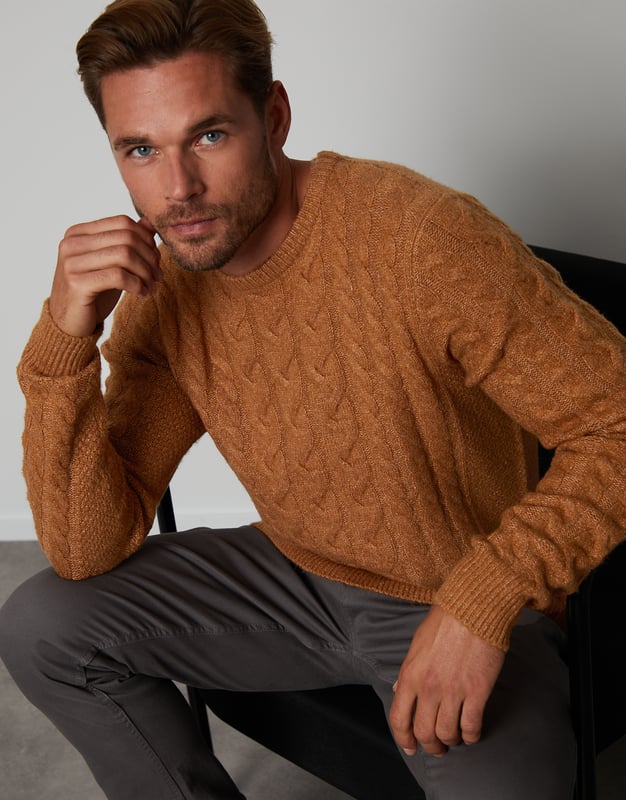 Camel Darley Cable Knit Crew Neck Jumper