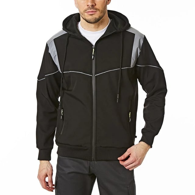 95% Polyester, 5% Elastane. Fabric: Bonded, Softshell, Stretch. Lining: Brushed Fleece. Design: Logo, Plain. Fabric Technology: Lightweight, Thermal, Windproof. Branded Sleeve, Reflective Detail, Side Seams. Neckline: Hooded. Sleeve-Type: Long-Sleeved. Cuff: Ribbed, Stretch. Hood Features: Drawcord, Sew-On. Pockets: 2 Side Pockets, Zip. Fastening: Full Zip. Hem: Ribbed, Stretch. L: 38 in. XXL: 46 in. 3XL: 48 in.