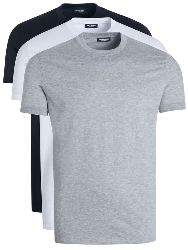 100% algodón; Camiseta/ropa interior Dsquared2;  Modelo: D9X3C2400 999;  Algodón suave;  Cuello redondo, manga corta;  Paquete de 3: 1x blanco 1x gris 1x negro;  Detalles del logotipo de Dsquared2