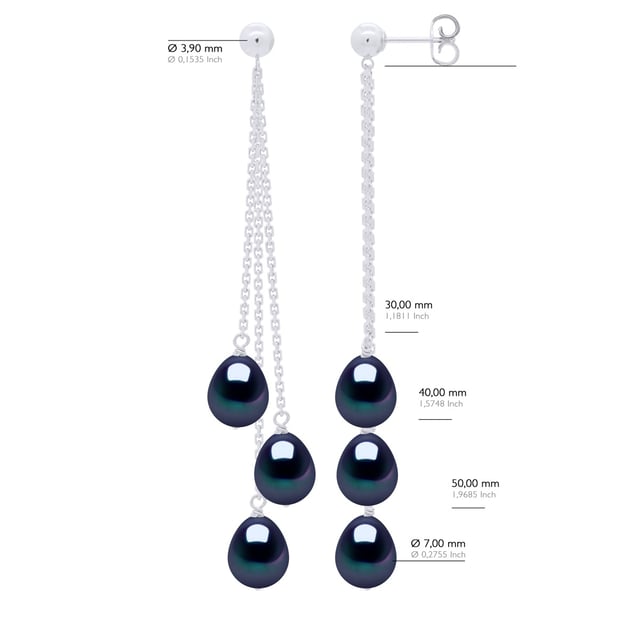 Earrings Trio - 3 Real Cultured Freshwater Pearls Pear 7-8 mm - COLOR BLACK "TAHITI STYLE" - Butterfly Clasp and Chainlets White Gold - Delivered with Certificate of Authenticity and International Guarantee - MADE IN FRANCE