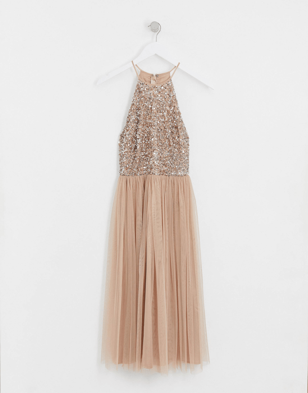 Maya bridesmaid halter neck midi tulle dress with tonal delicate sequins in taupe blush store