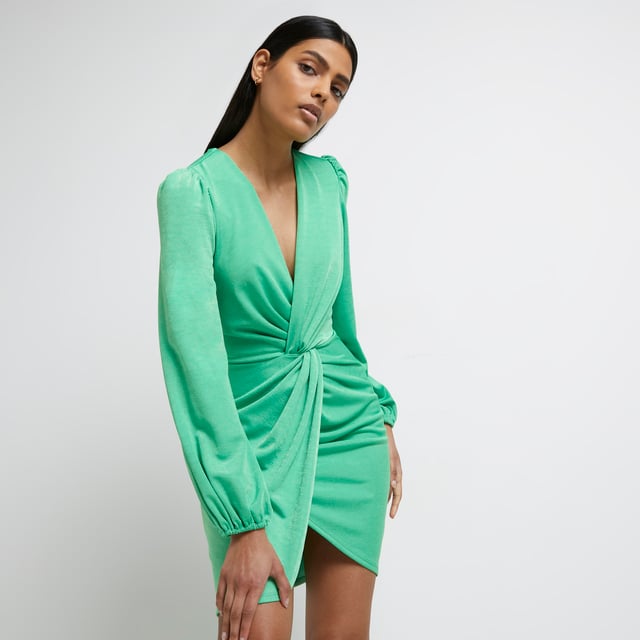 green emerald velvet dress River Island Square Neck Embellished Mini Dress in Lime