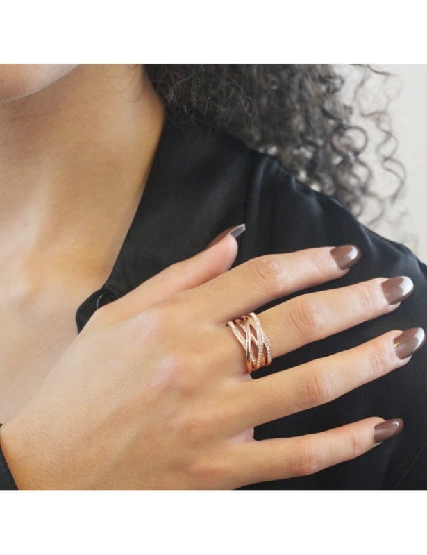 Criss Cross Ring - Rose Gold und Kristall