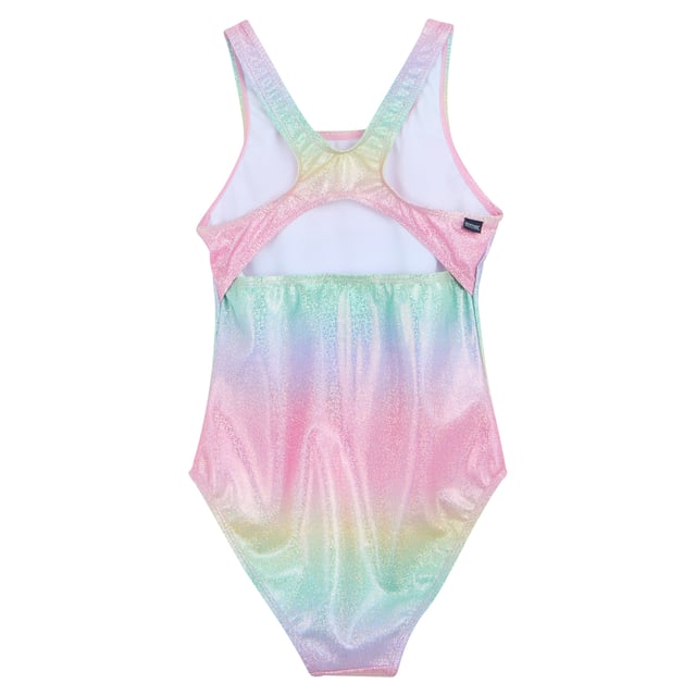 Regatta Girls Katrisse Mermaid Shimmer One Piece Swimsuit (Multicoloured) 85% Recycled Polyester, 15% Elastane. Fabric: Stretch. Design: Gradient, Iridescent. Fastening: Pull-On. Back Style: Racerback. Neckline: Scoop. Fabric Technology: Durable, UV Protection. Sleeve-Type: Sleeveless. Sun Rating: UPF 50+.