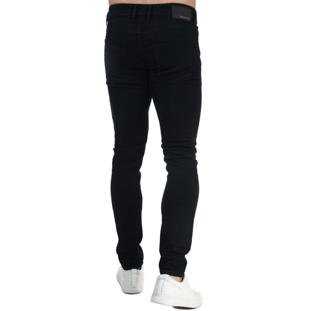 Mens Diesel Sleenker -X Skinny Fit Jeans in navy.- 5-pocket construction. - Full branded button fly.- Six belt loops on the waistband.- Top stitch detail.- Branded strip across small pocket.- Signature Diesel logo patch on the reverse right side of the waistband.- Skinny fit. - 98% Cotton  2% Elastane.- Ref: 00SWJE0095X01