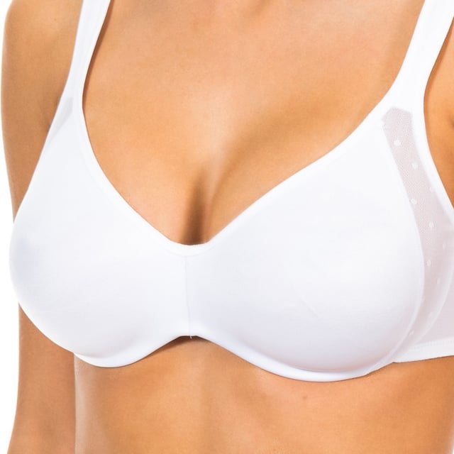Soft-Cup-BH.
 Weiße Farbe mit Gitter Detail auf den Seiten Ton.
 Elastische, verstellbare Schultergurte.
 Hinterer Verschluss mit Drei-Wege-Bügeln.
 Elastische Seiten.
 Abgenähte Nähte.

 Zusammensetzung:
 - 76% Polyamid.
 - 24% Elasthan.

 Pflege:
 - Handwäsche.
 - Kein Bleichmittel verwenden.
 - Nicht im Trockner trocknen.
 - Nicht bügeln.
 - Nicht chemisch reinigen.