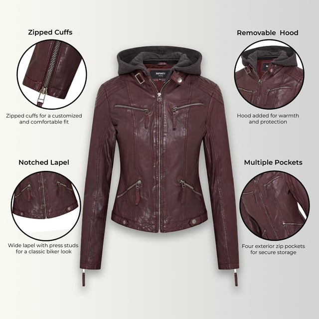 Maak kennis met ons prachtige leren bikerjack, compleet met een uitritsbare jersey capuchon voor extra veelzijdigheid. Dit jack is gemaakt van ultrazacht schapennappaleer en belichaamt de klassieke caf�racerstijl met een moderne twist. De YKK-ritssluiting aan de voorkant strekt zich uit tot een kraag met lipje die is vastgezet met een riem met gesp, terwijl tramlijnstiksels op de schouders en elleboogstukken de biker-esthetiek versterken. Vier zakken met ritssluiting bieden voldoende opbergruimte en de manchetten in handschoenstijl zijn verstelbaar voor een perfecte pasvorm. De royale capuchon kan eenvoudig worden verwijderd en de binnenkant is volledig gevoerd met poplin-stof met voor het gemak een extra met leer afgewerkte zak. Superzacht schapennappaleer, uitritsbare jersey capuchon, YKK-ritssluiting aan de voorkant met kraag met gesp, tramlijnstiksels op schouders en ellebogen, volledig gevoerd met een extra met leer afgewerkte binnenzak