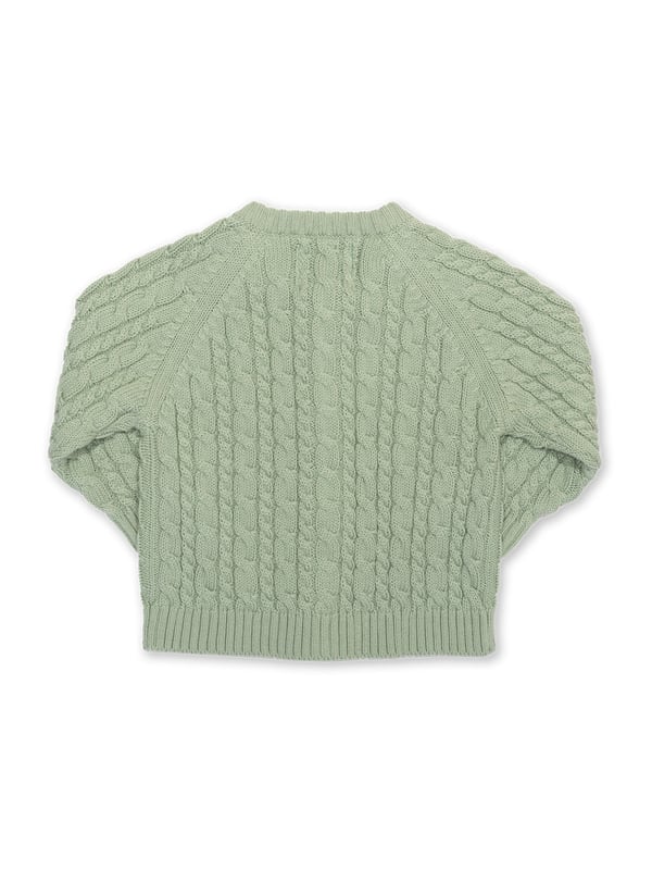 100% organic cotton | Proud to be certified to the Global Organic Textile Standard (GOTS) | Sage green | Midweight 7-gauge cable knit | Coconut button fastening | Long sleeved | Round neck | Rib cuffs and hem | Made in India | Machine washable at 40 degrees, or at 30 degrees to be kinder to the planet