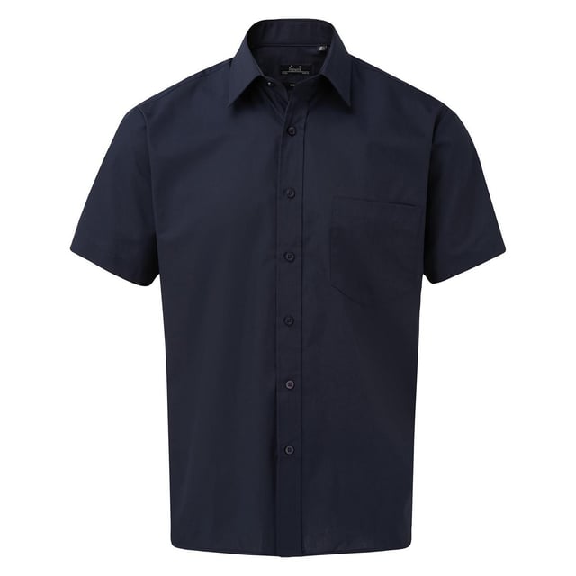 Easy care fabric. Stiffened collar. Back yoke. Left chest pocket. Self colour buttons on dark colours. Straight hem. WRAP Certified Production.
